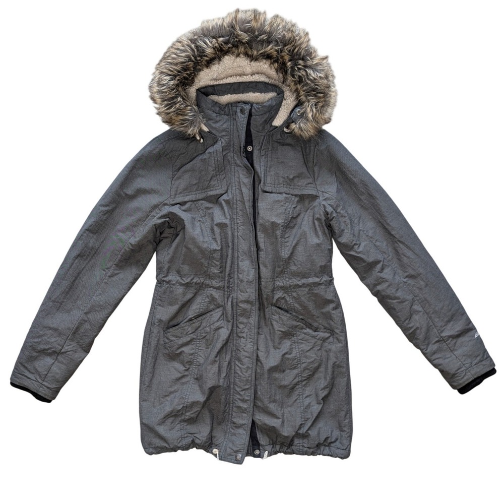 Eddie Bauer‎ Parka Jacket Women XS Gray Faux Fur Hood Sherpa Lined Warm Staple
